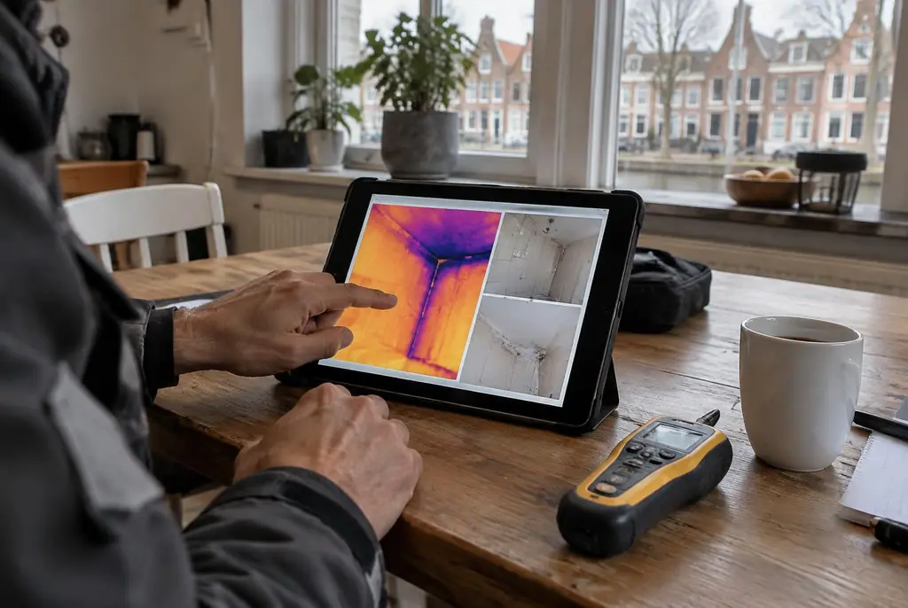 Lekdetectie Leusden – lekdetectierapport met warmtebeelden en foto's op een tablet