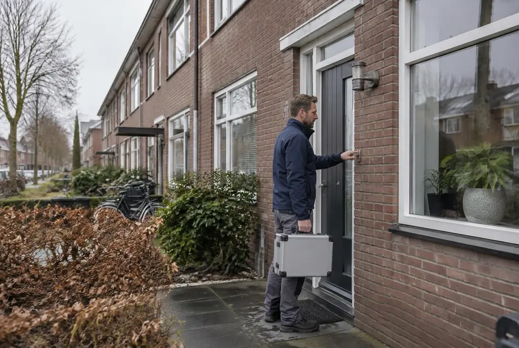 Lekdetectiespecialist met meetkoffer bij de voordeur van een woning in Leusden
